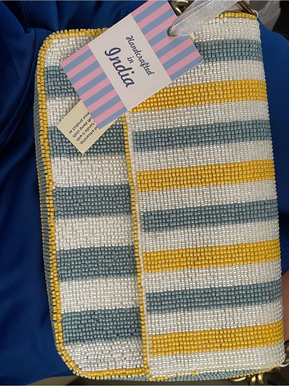 Viral Beaded Bag - Striped Clutch - Yellow, White & Light Blue